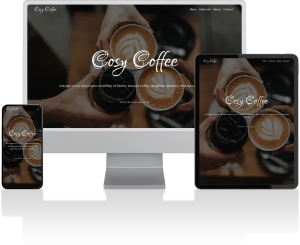 Image of the Cosy Coffee website on a phone, tablet and desktop