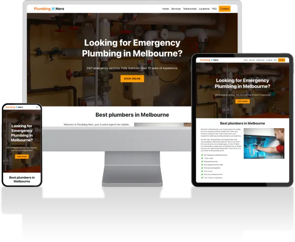 Image of the Plumber Hero website on a phone, tablet and desktop